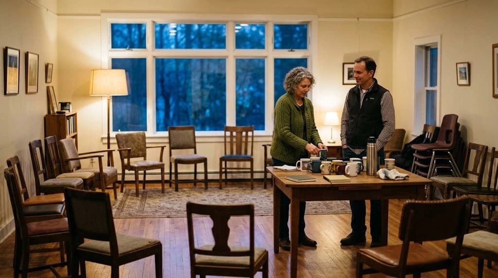 A community room set up before an event begins, chairs arranged in a loose circle and two people laying out mugs and a flask on a table, blue evening light through the windows
