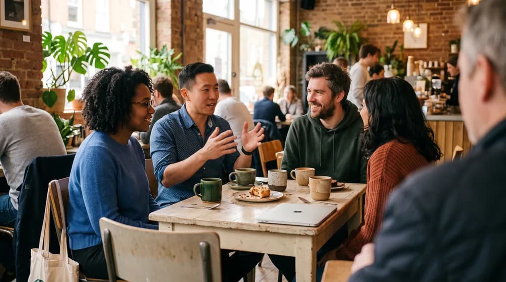 Four friends around a wooden table in a busy sunlit coffee house, one of them mid-sentence with both hands raised while the others listen and smile, ceramic mugs and a half-eaten pastry between them