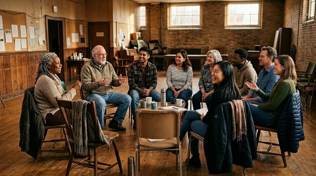 Nine people of mixed ages and ethnicities sitting in a circle of mismatched chairs in a brick-walled community hall, mid-conversation, coats over the chair backs and mugs on a small table