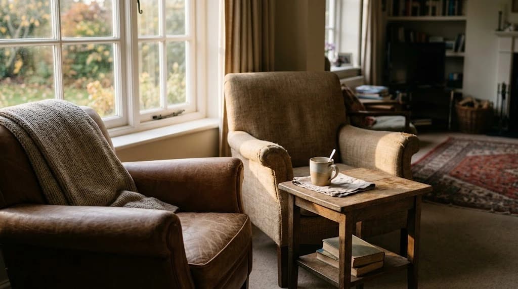 Two empty armchairs turned toward each other beside a window in a warm living room, a mug on the side table and a fall garden outside