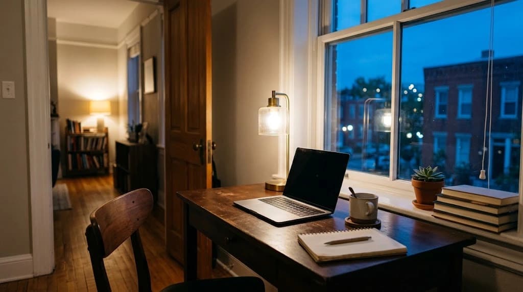 A home desk beside a window at dusk with an open laptop, its screen dark, a lit lamp and an empty chair pushed back, the rest of the apartment quiet through the doorway