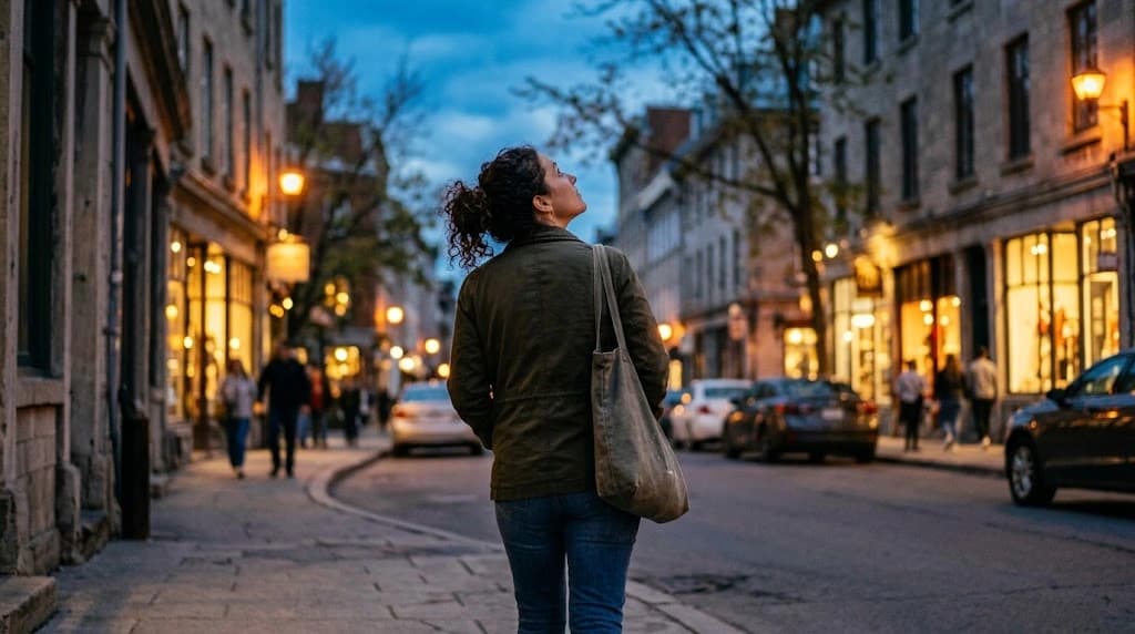 A woman with a canvas shoulder bag standing on a city street at dusk, looking up at the buildings, with lit shopfronts and passers-by blurred behind her