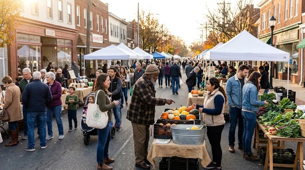 A busy outdoor farmers market on a small-town main street on a fall morning, people of different ages browsing produce stalls under white canopies