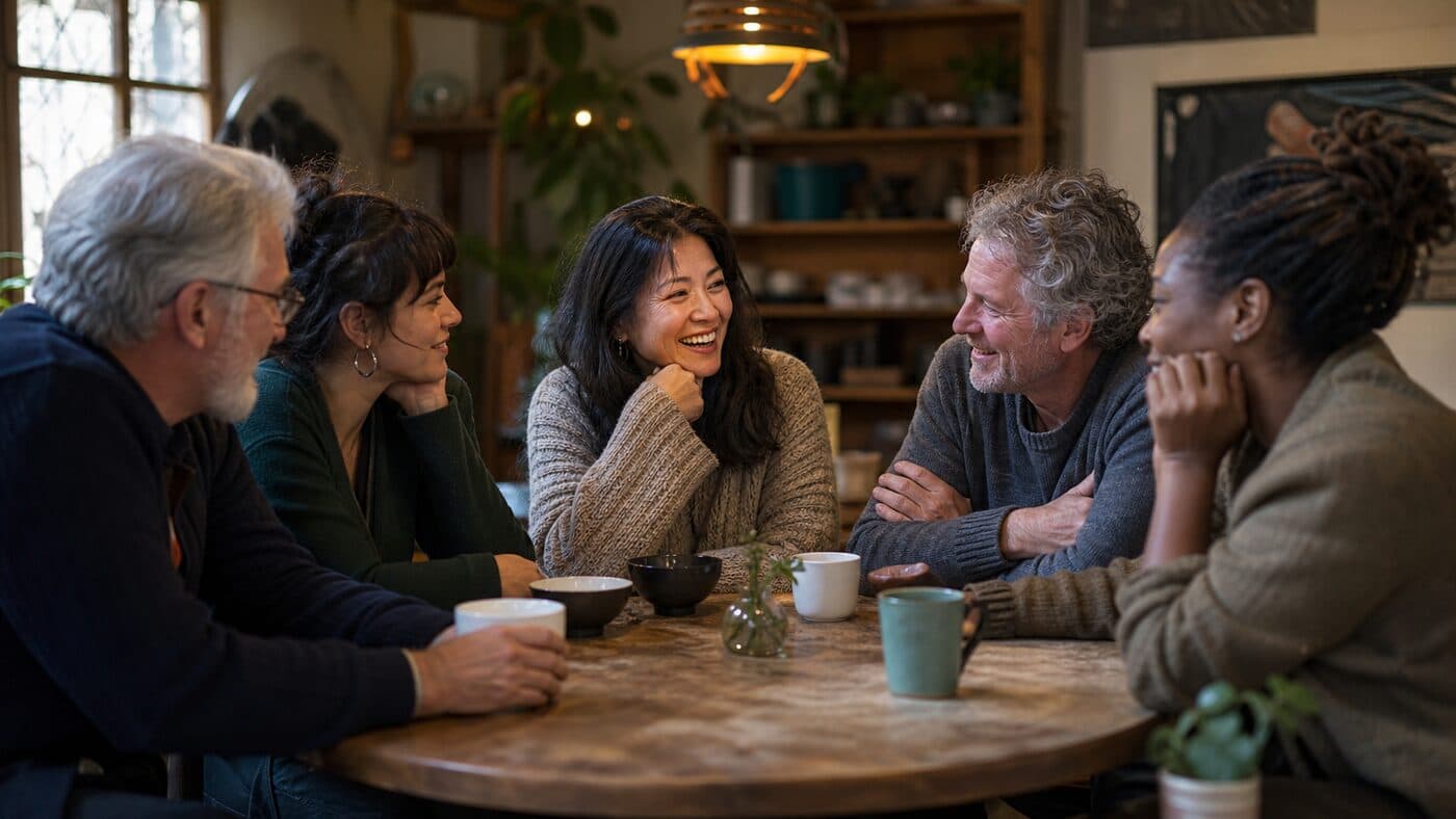 Five people of mixed ages sitting close together around a small round table in a warm, casually lit room, mid-conversation, one of them laughing