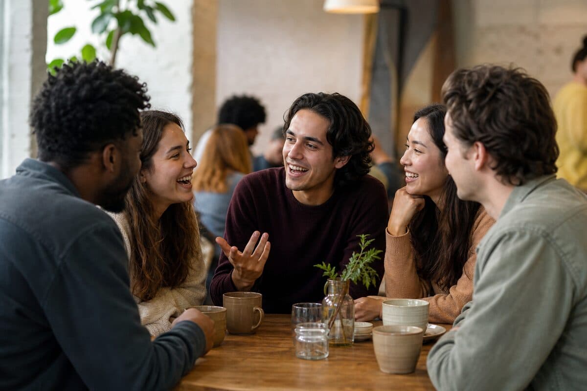 A group of young adults around a table in a wood-toned room, laughing and leaning in, one of them mid-story